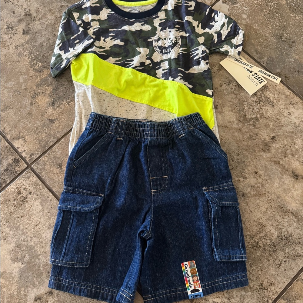NWT Toddler 4T shorts and shirt. Camo and Neon T-Shirt with Denim Shorts Set